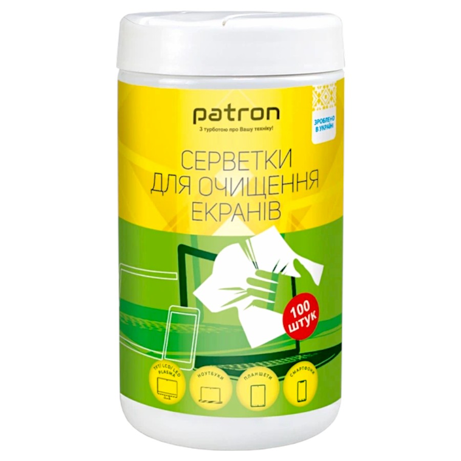 Серветки для очищення екранів, туба 100 шт Patron (F3-027)